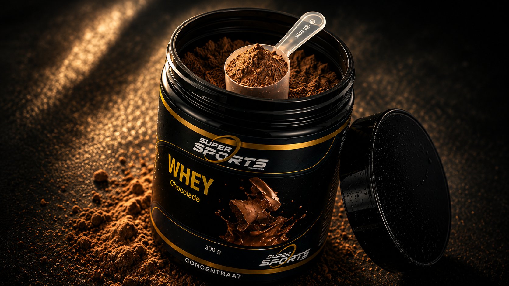 Open tub of Super Sports Whey with scoop