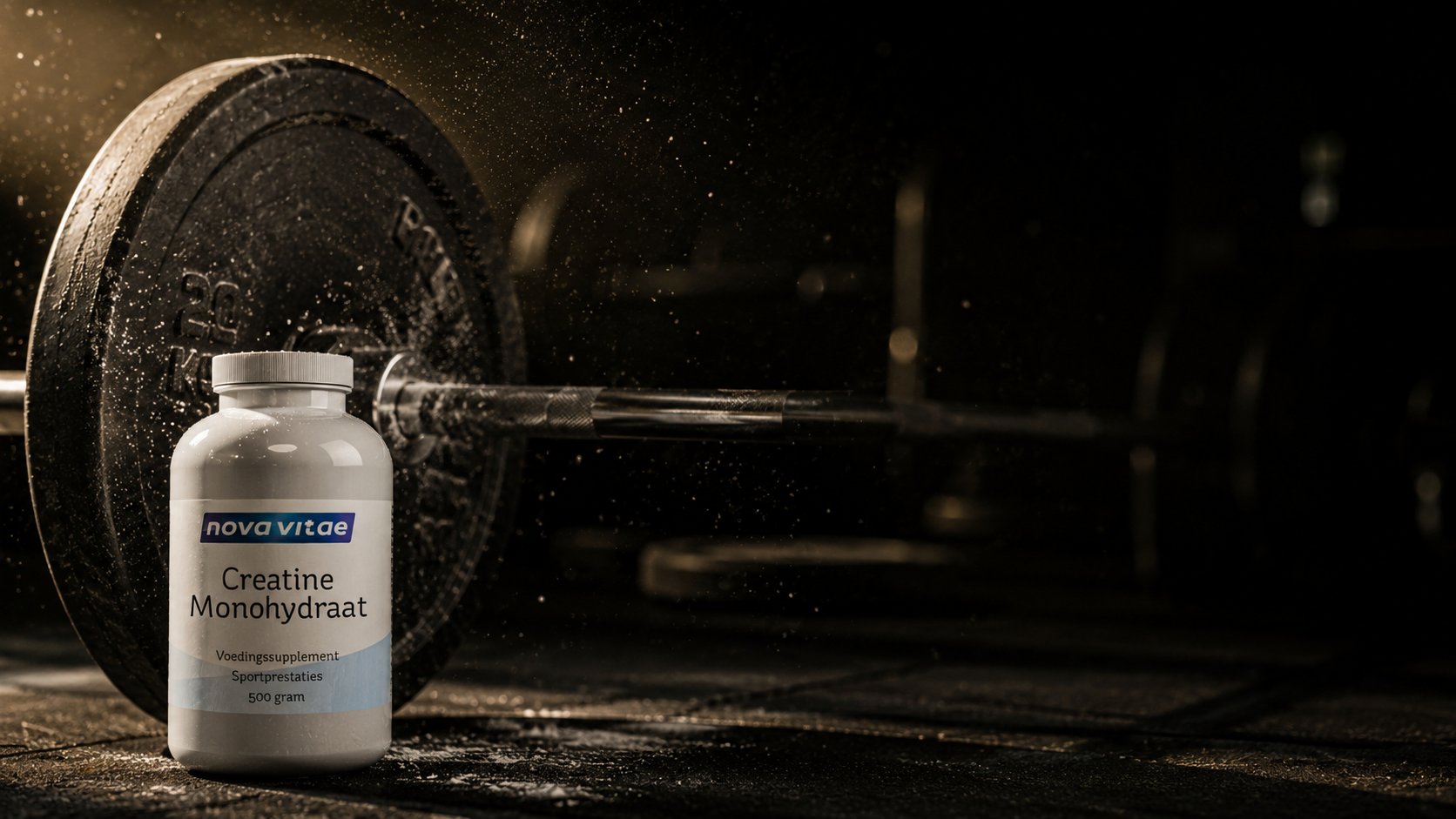 Creatine bottle beside a loaded barbell on the gym floor