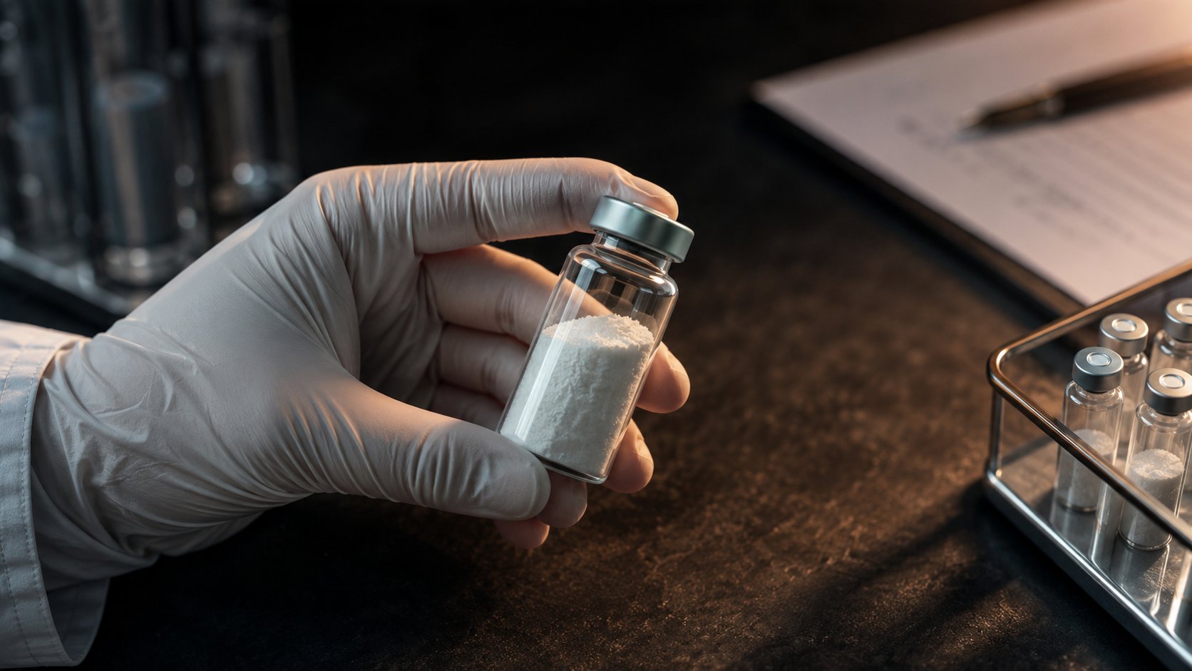 Lab technician holding a batch-test vial